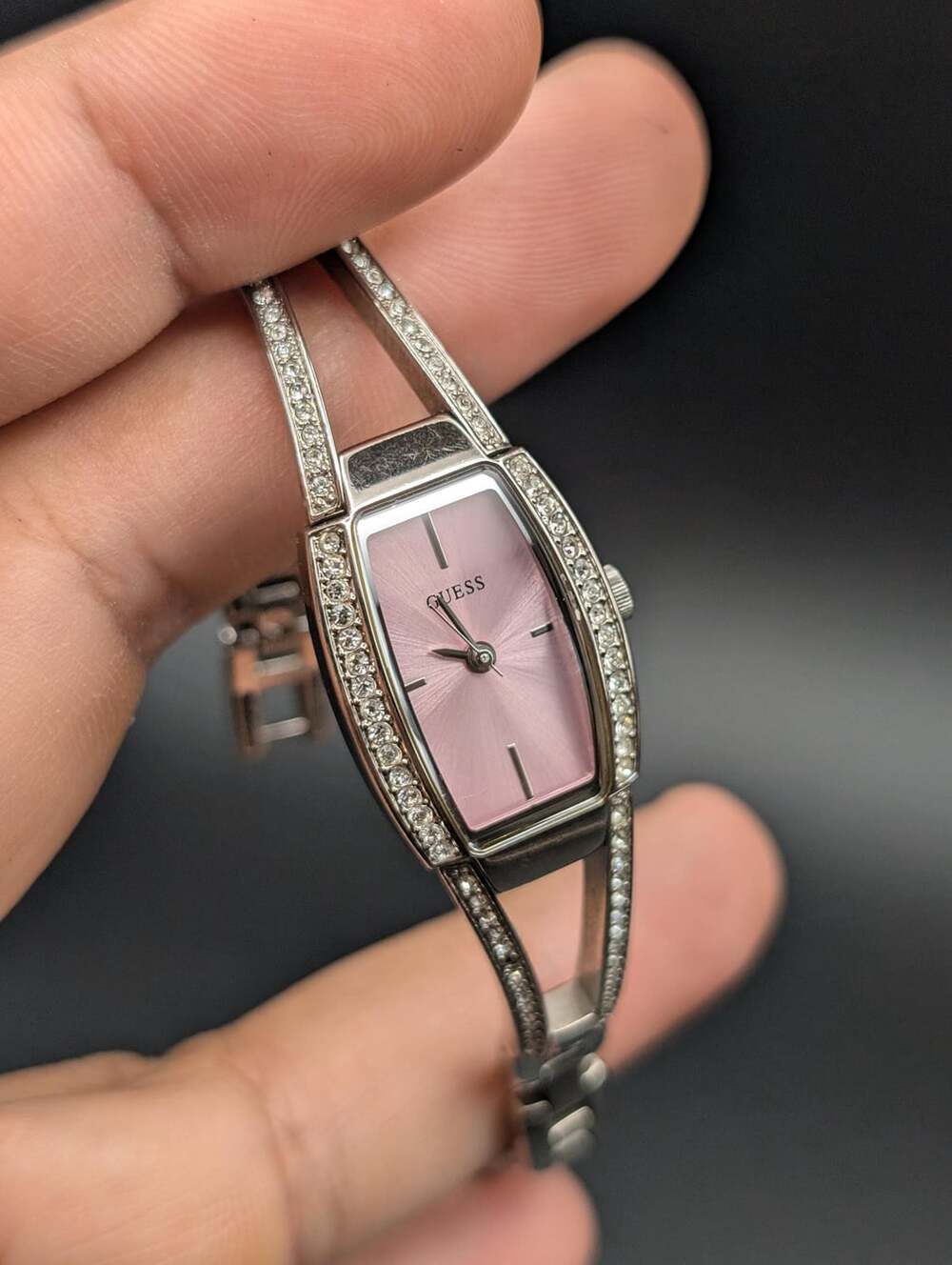 Vintage Guess Silver-Tone Crystal Ladies Watch, Pink Sunburst Dial Bangle Bracel
